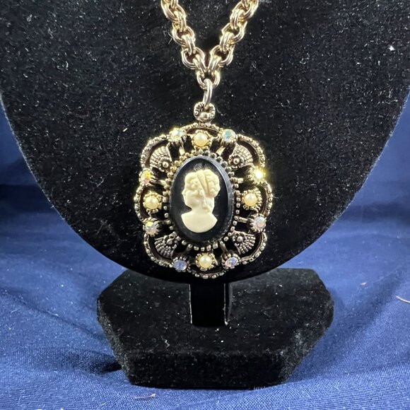 Vintage Hope Chest Cameo Necklace With Ornate Pendant & Faux Pearl Accents Black - Picture 2 of 3
